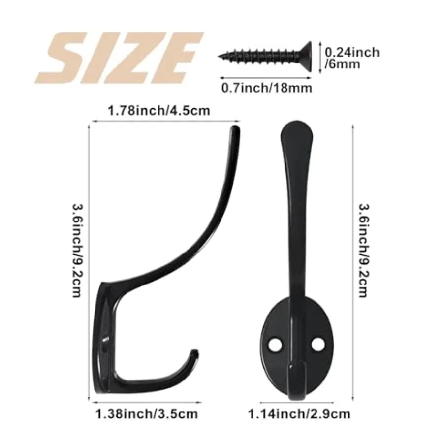 14 Pack Coat Hooks Wall Mounted with 28 Screws, Heavy Duty Black Towel Hooks, Metal Double Hooks, No Rust/ Retro Rustic Wall Hook