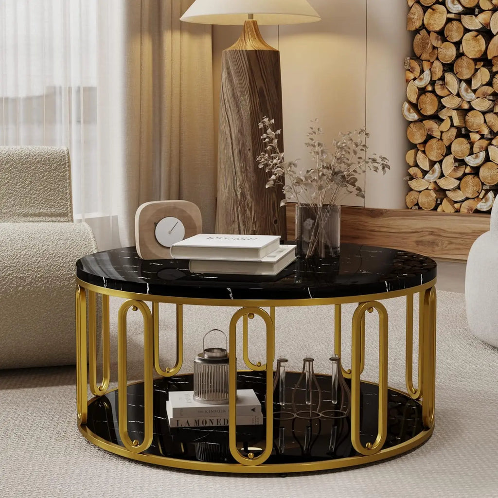 Round Coffee Table, Wooden Marble Pattern Coffee Table with Round Open Storage, Solid Golden Metal Legs for Living Room，Black