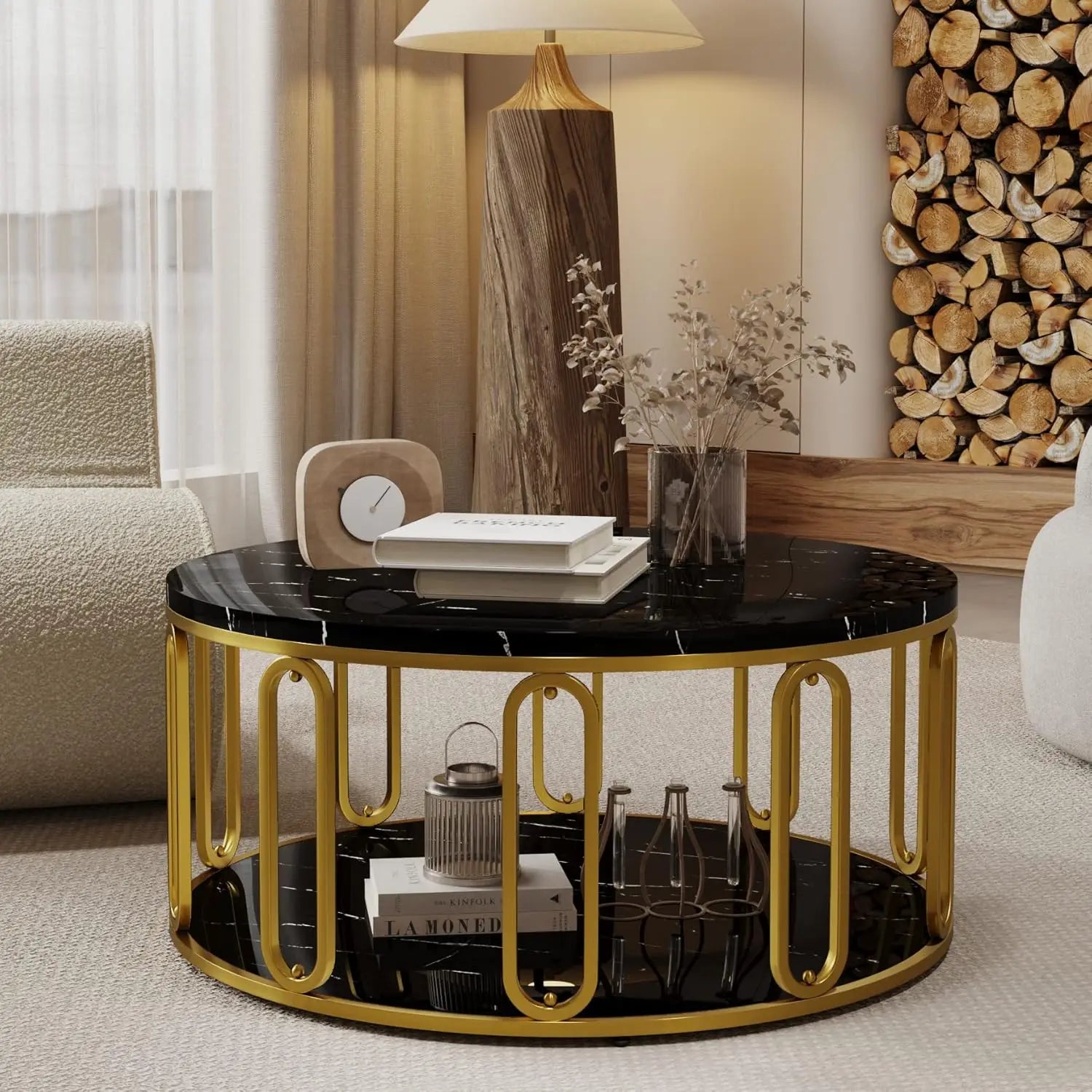 Round Coffee Table, Wooden Marble Pattern Coffee Table with Round Open Storage, Solid Golden Metal Legs for Living Room，Black