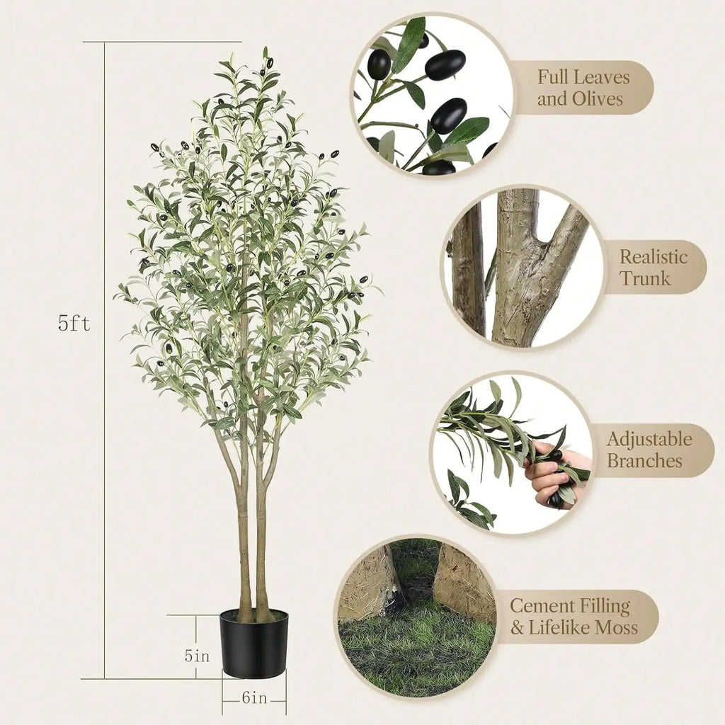 Artificial Olive Tree - 5-7ft (60-84in) Realistic Silk Plant with Natural Wood Trunk and Lifelike Fruit