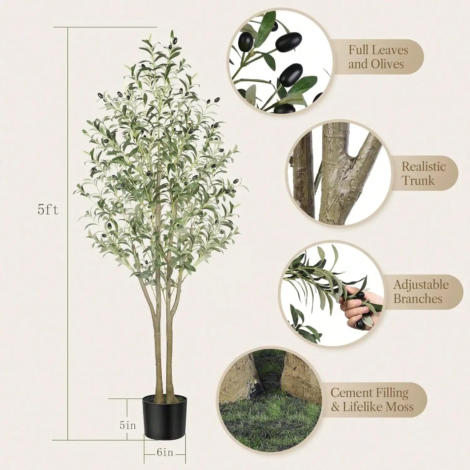 Artificial Olive Tree - 5-7ft (60-84in) Realistic Silk Plant with Natural Wood Trunk and Lifelike Fruit