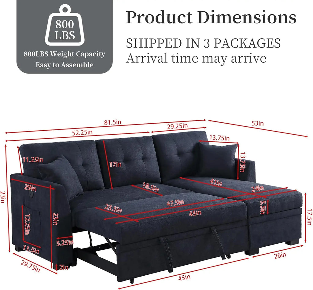 Convertible Sleeper Sofa Bed with L-Shaped Sectional, Reversible Storage Chaise, Dual USB Ports, and Side Pockets