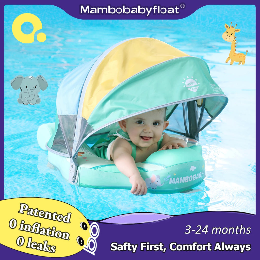Animal Float/ Non-Inflatable Safe Solid Core Baby Swimming Buoy Water Trainer/ Infant Pool Swim Ring with Canopy