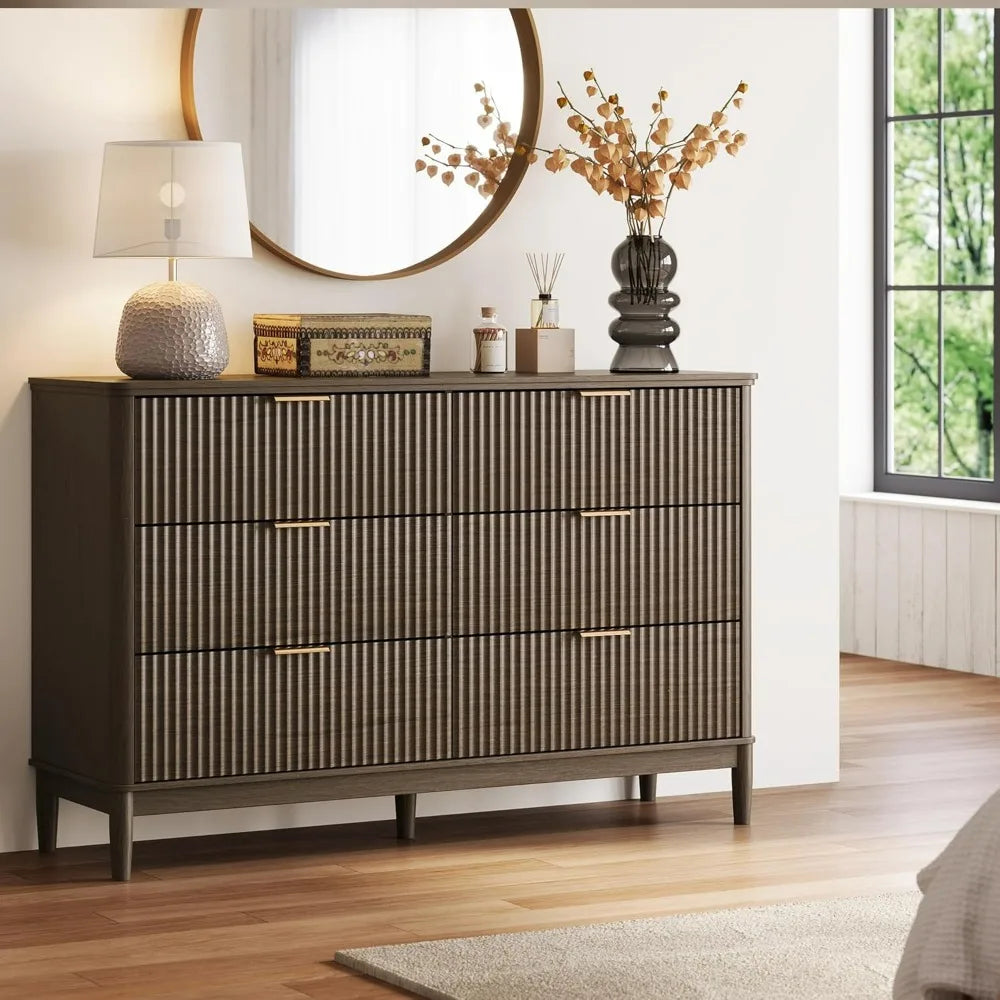 Customizable Contemporary Fluted Wood Dresser With Gold Hardware For Storage