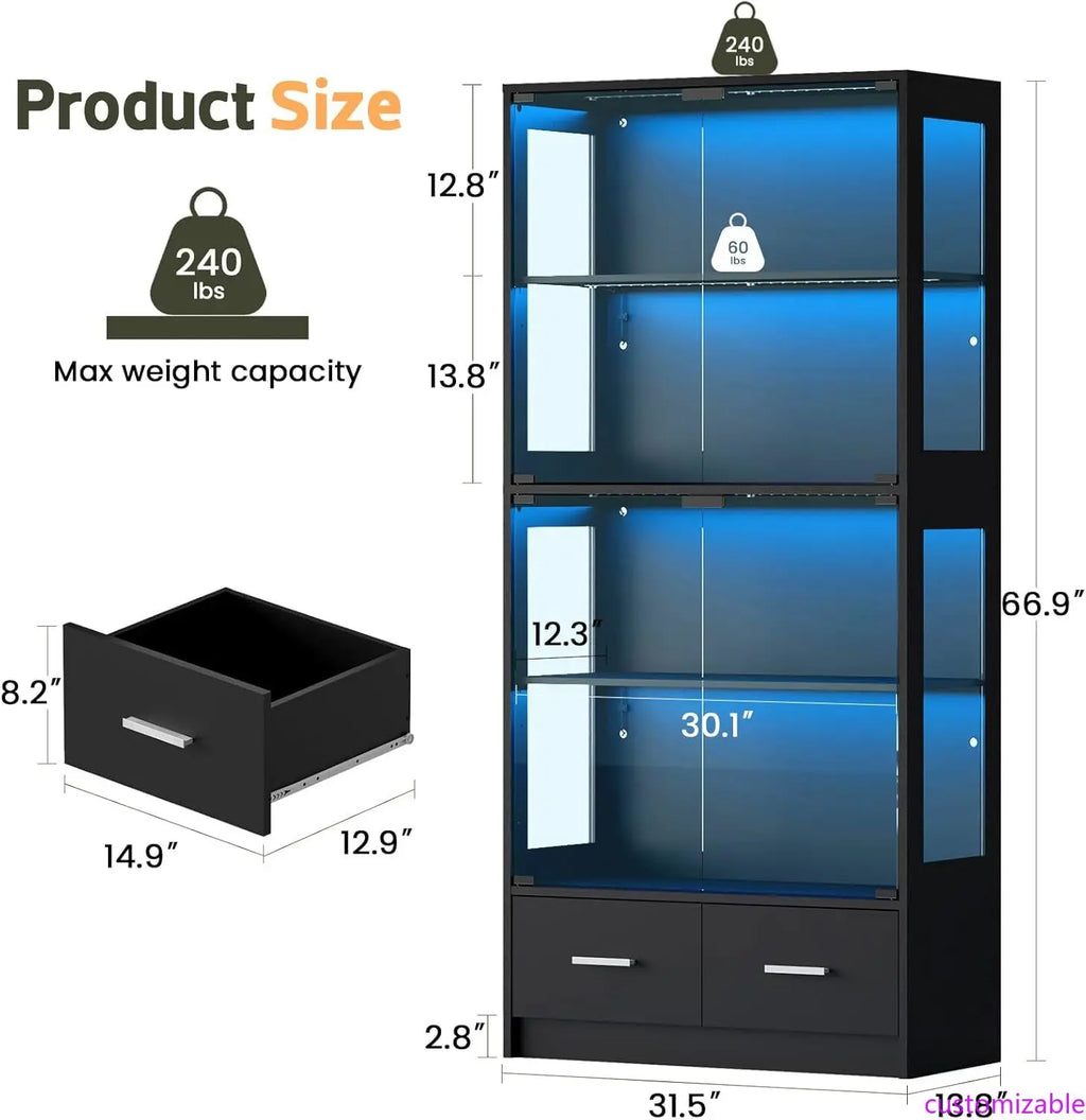 Display Cabinet with Glass Doors - 67" Curio Cabinet for Collectibles with RGB LED Lights and 2 Drawers,4 Tier Glass Display