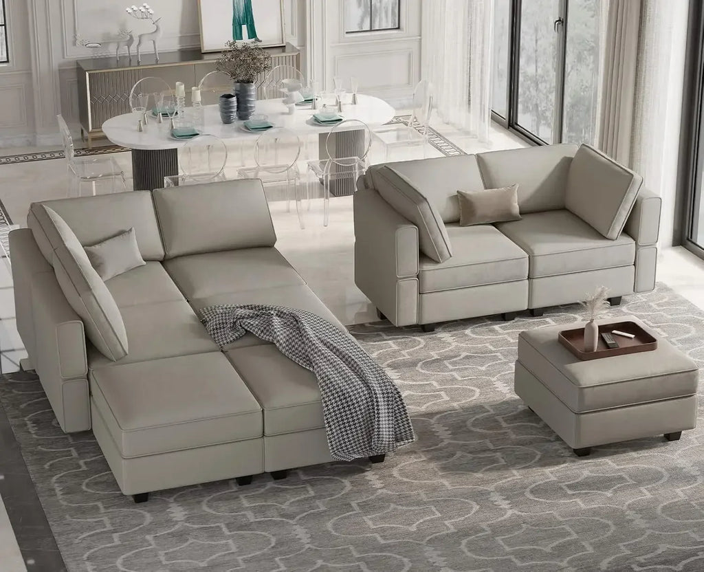 Reversible Velvet Modular Sectional Sleeper Sofa Bed with Ottomans, Storage and Chaise - Grey
