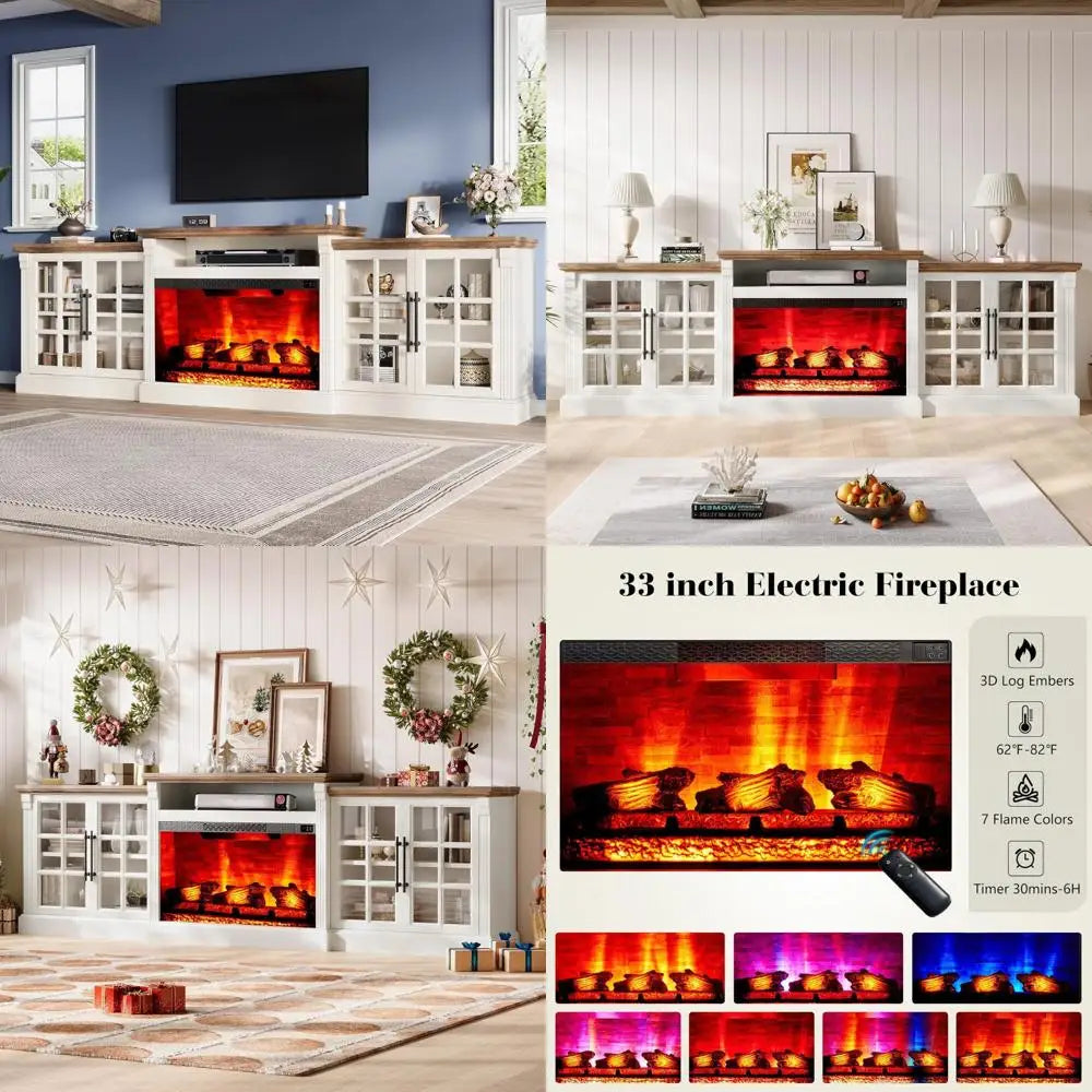97" Farmhouse TV Stand with 33" Fireplace for TVs up to 100", Media Entertainment Center with Large Storage Cabinet