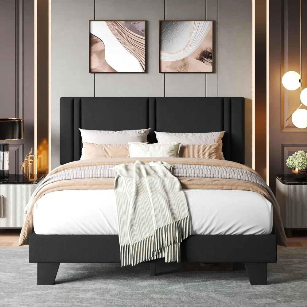 Upholstered Queen Size Bed Frame with Linen Fabric Headboard, Strong Wooden Slats Support, No Box Spring Needed