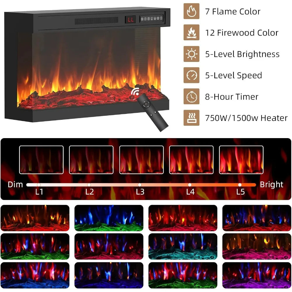 Electric Fireplace TV Stand for 55/65/75 Inch TVs, 3-Sided Glass Fireplace Media Console with LED Lights, Glass Doors, Power Outlets