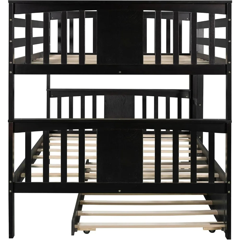 Twin Over Twin Bunk Bed with Trundle, Transformable into Individual Beds, Crafted from Solid Pine Wood with Safety Railing