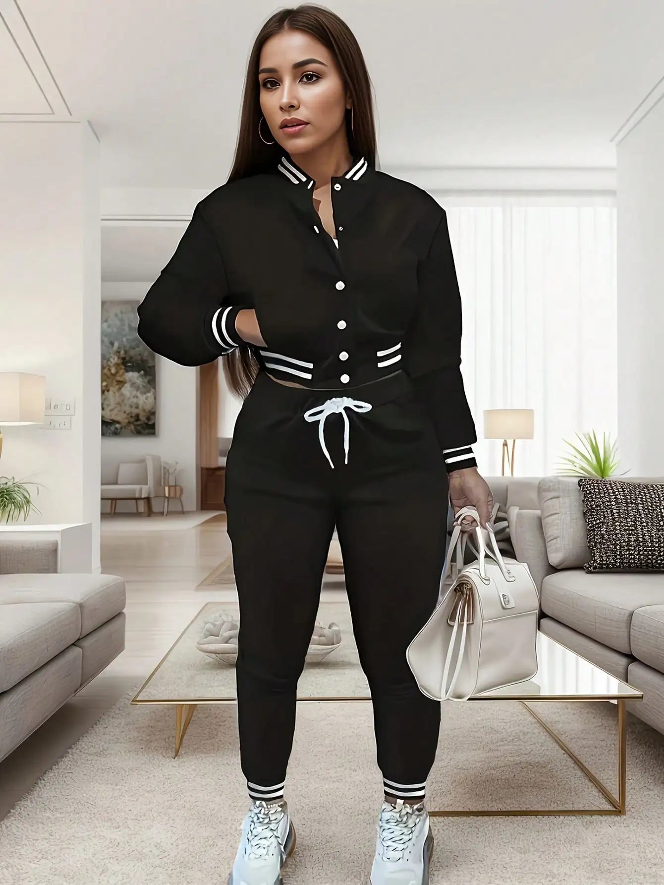 BWQ 2 Pieces Set Women Sports Jacket - Solid Color Single Breasted Baseball Jacket And Top