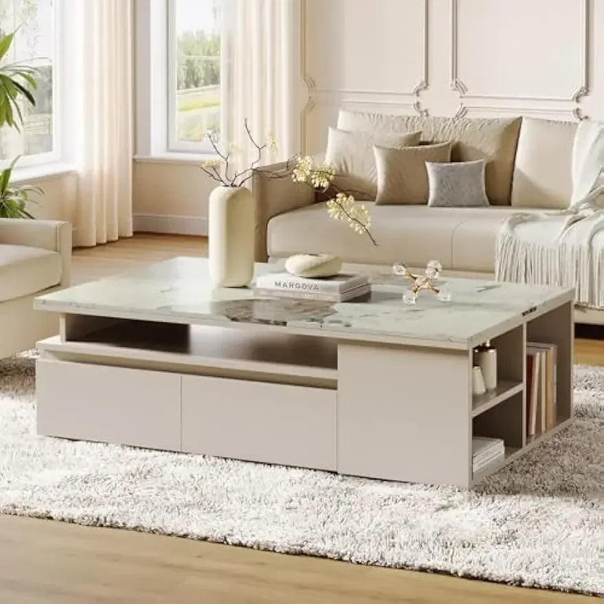 Extendable Tabletop Coffee Table with 4 Drawers & Storage Shelf, Modern from 51-Inch to 71-Inch Center Table for Living Room