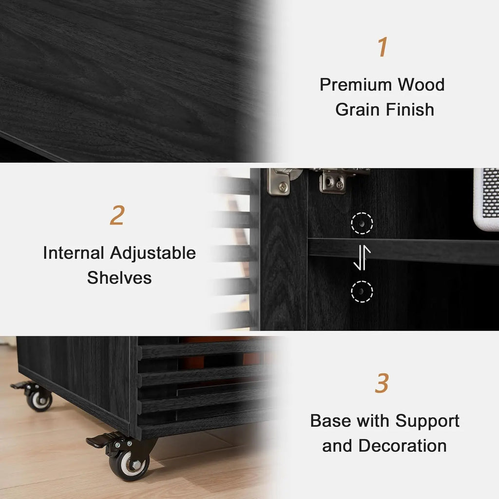 Tier AV Media Cabinet & Adjustable Shelves, Modern Wooden Stereo Rack , Audio Video Stand (Black)