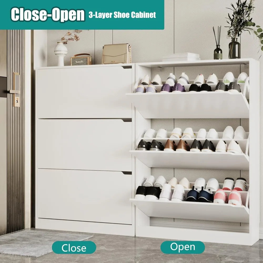 Shoe Storage Cabinet for Entryway with 3 Flip Drawers, Sturdy Wood Hidden Shoe Storage, Freestanding Narrow Slim Shoe Organizer