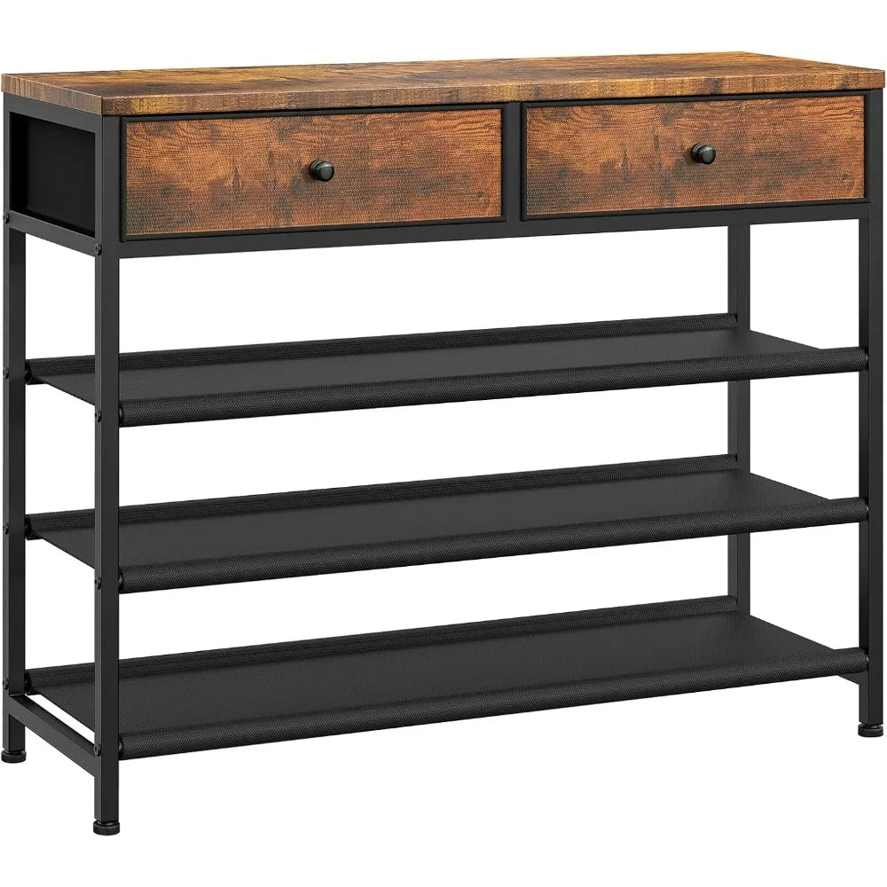 4-Tier Metal Shoe Rack with 2 Drawers and 3 Fabric Shelves for 12-15 Pairs Shoe Storage Organizer