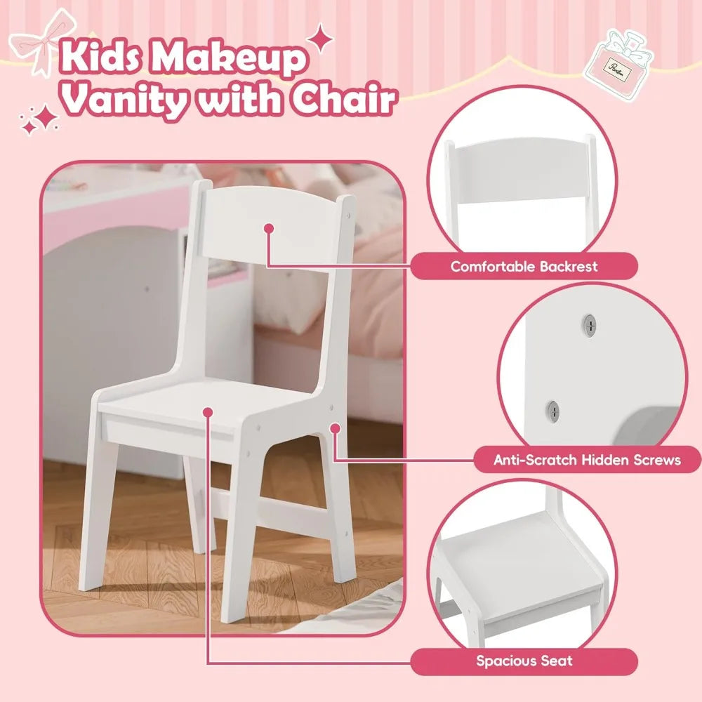 Children's Princess Makeup Vanity with Illuminated Mirror, Storage, and Bookshelf Combo