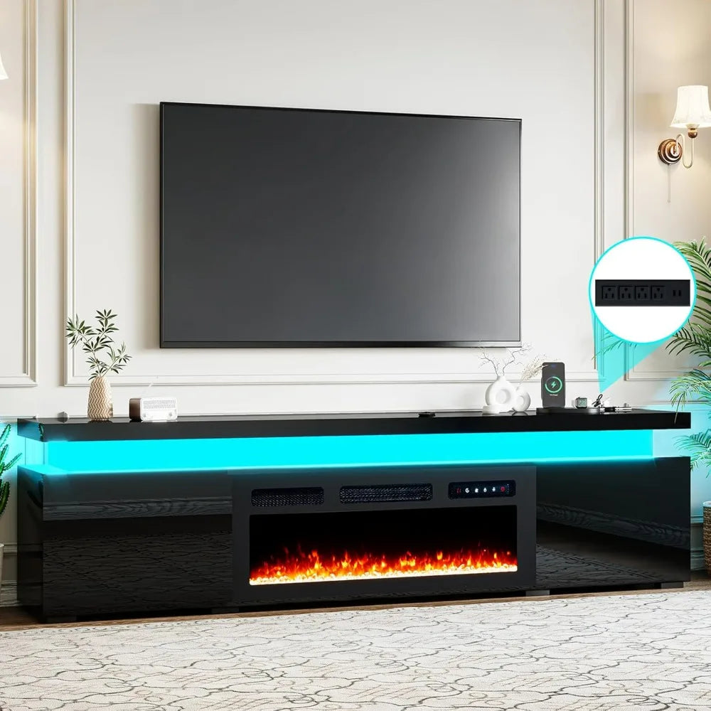 85’’ Fireplace TV Stand for 90 Inch TVs, With LED Lights, High Gloss