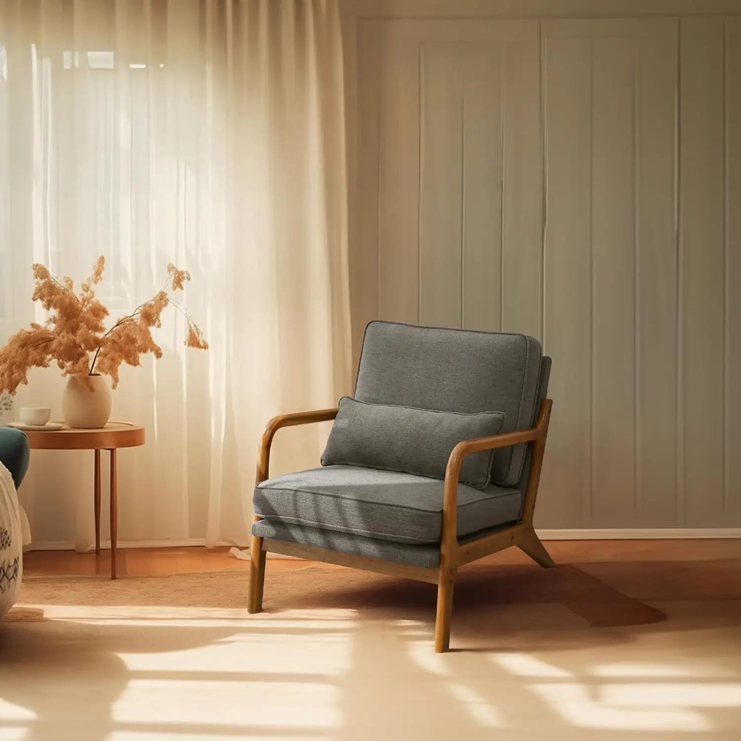 Microfiber Rustic Mid Century Modern Accent Chair, Solid Wood Padding Lounge Armchairs Side Sitting Chairs for Living Room
