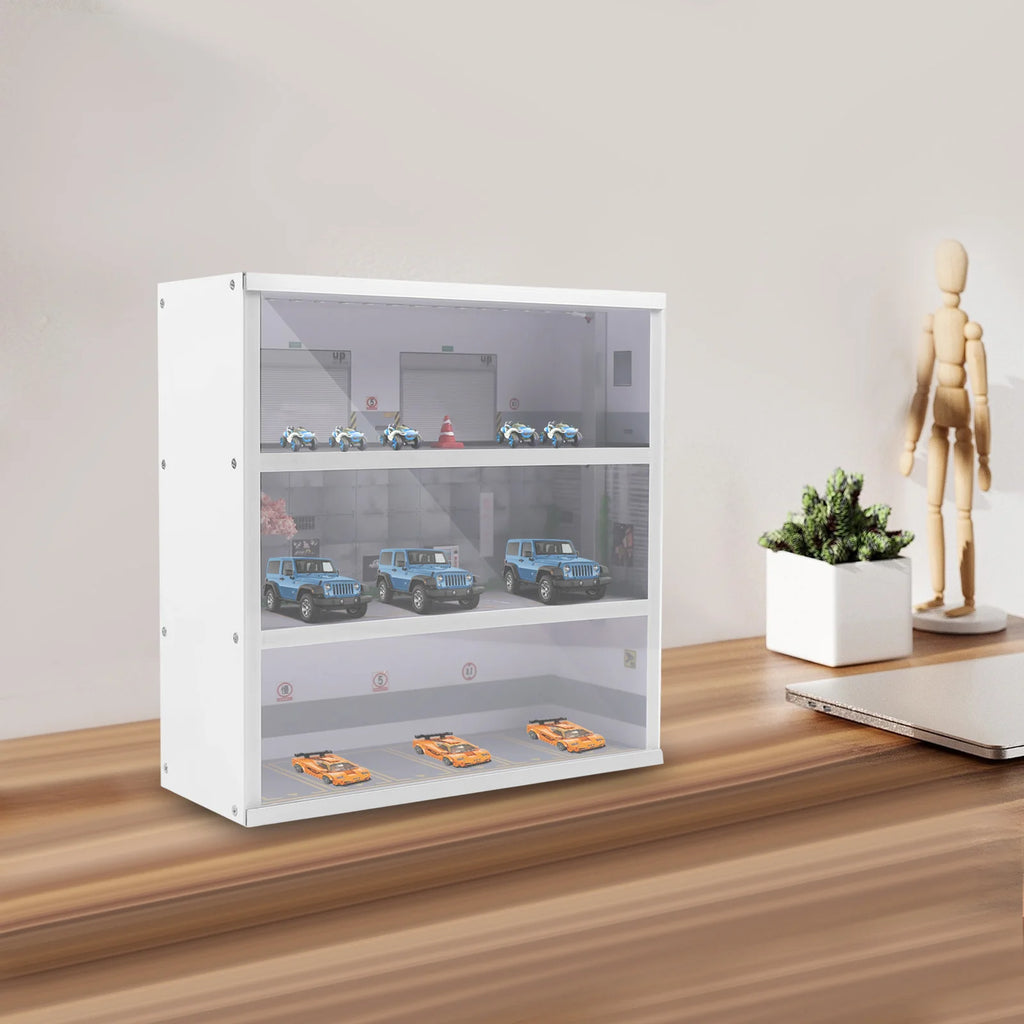 1:64 Simulation Diorama Parking Lot Display Case, 3 Tier 16 Parking Spaces Model Car Display Case with LED Light, Car Parking Lot Model for Diecast Car Collection