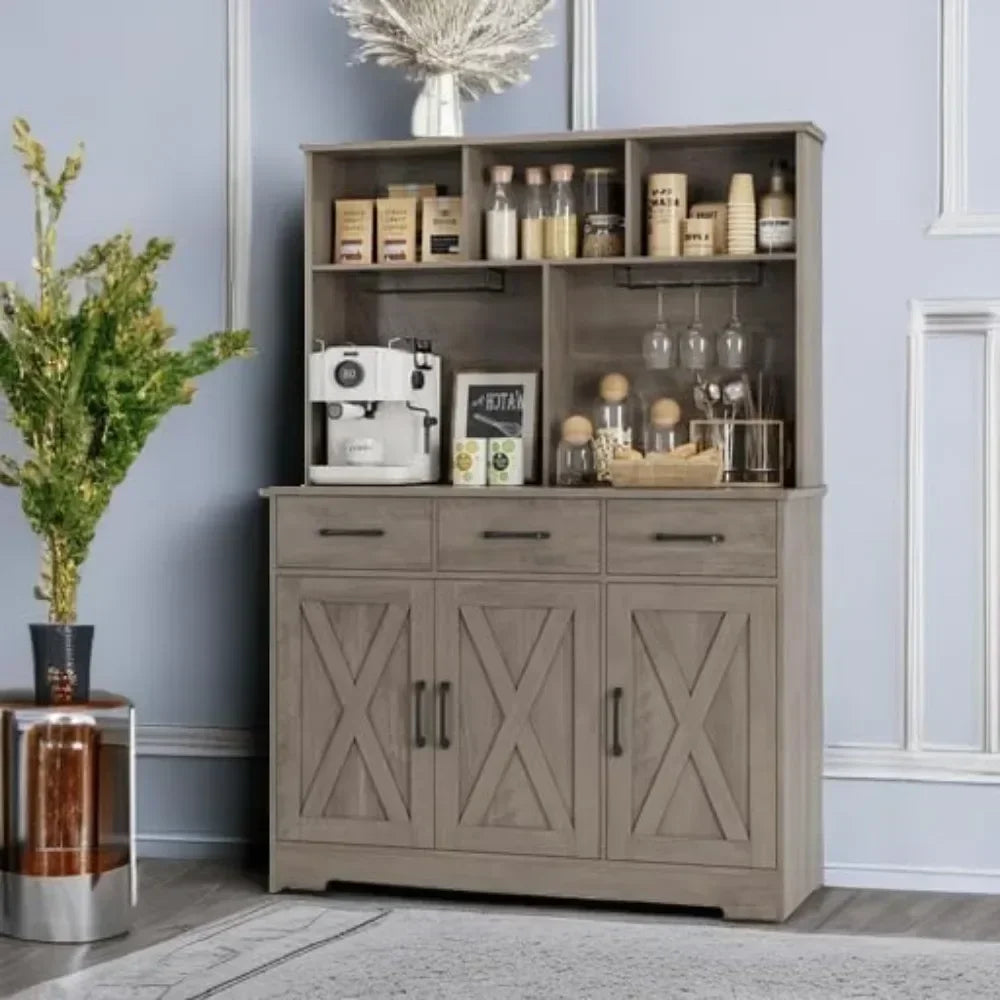 Buffet Cabinet with Hutch, Farmhouse Kitchen Buffet Sideboard Storage with 3 Drawers, Barn Door Coffee Bar Station/ Liquor