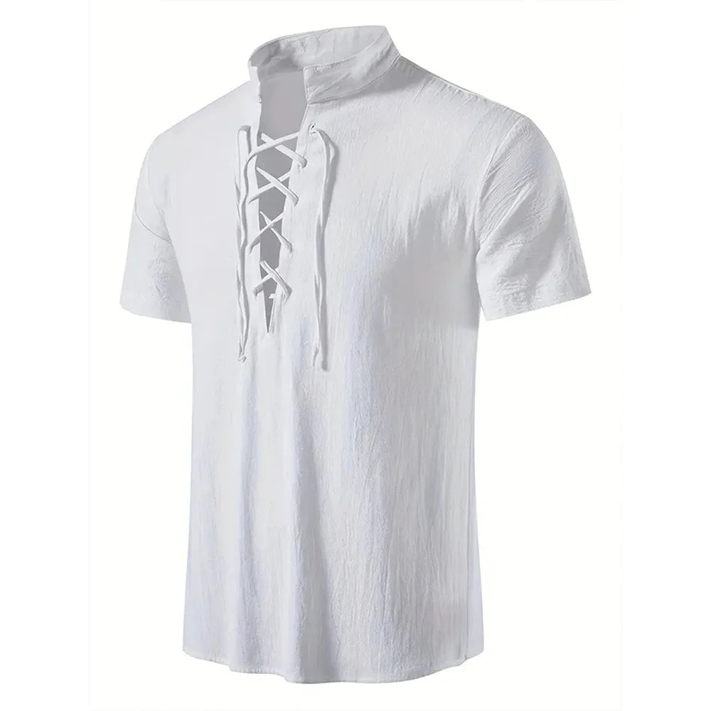 Men's Retro Shirt Short Sleeve Cotton Linen Lightweight Breathable Solid Color Fashion Tops Pirate V-neck Male Stylish Shirt