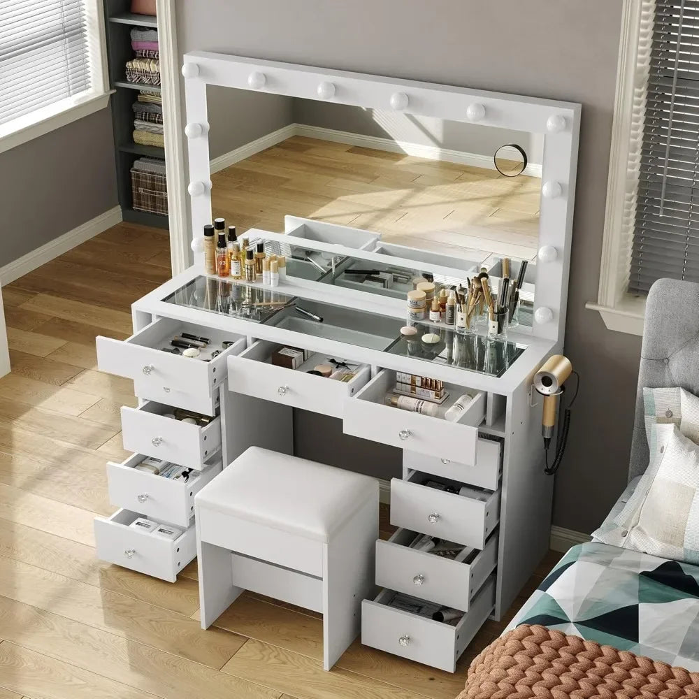 Vanity Desk with Power Outlet, Makeup Vanity with Mirror and 12 LED Lights, 3 Lighting Modes, 11 Drawers Vanity Table with Chair