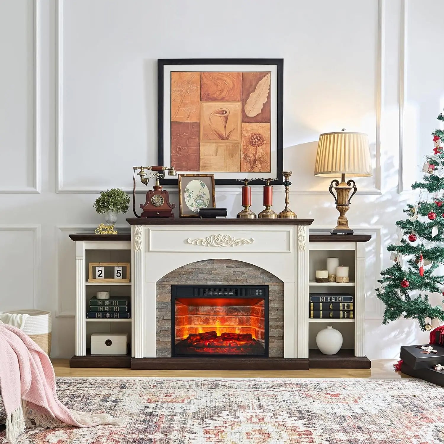 72" Electric Fireplace with Mantel, Farmhouse TV Stand for TVs Up to 80", White Entertainment Center with Storage