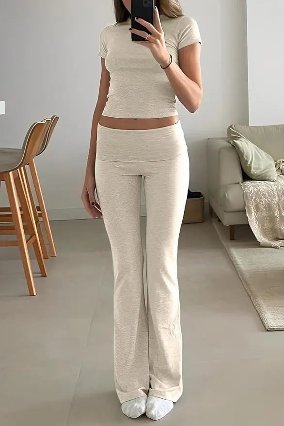 Women's Two-Piece Sports Leisure Yoga Set, Short-Sleeved/ Cuffed Flared Trousers, Sports Set