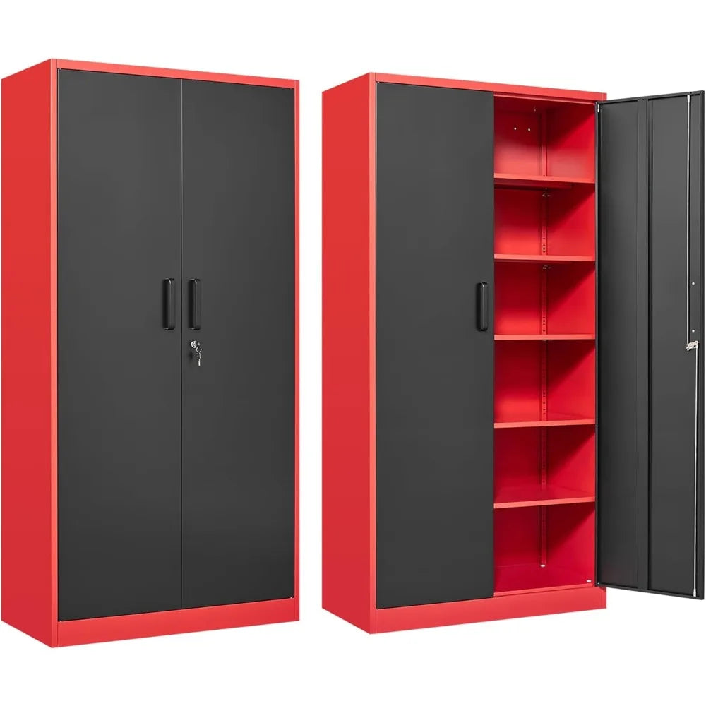 Garage Storage Cabinet with 5 Adjustable Shelves, Metal Storage Cabinet with Lock,Red Black Metal Cabinet with Locking Doors, Steel