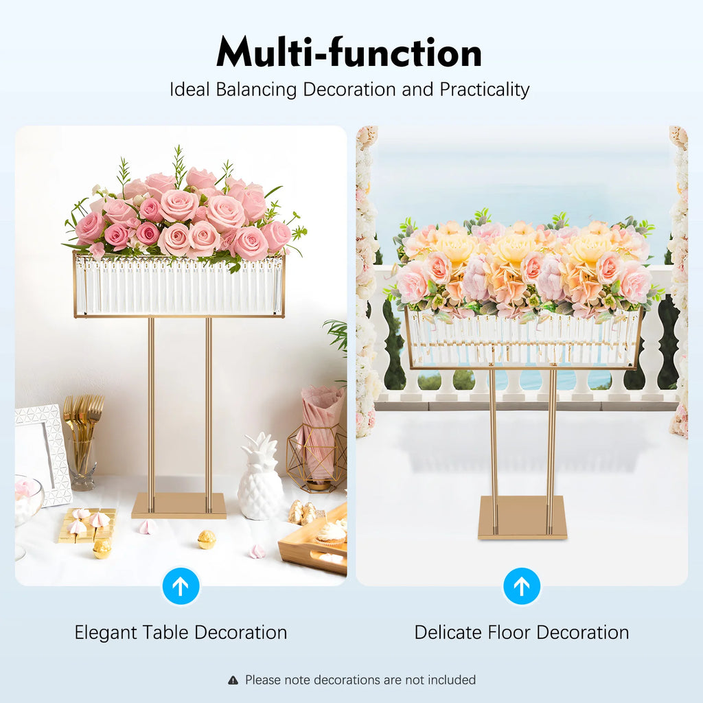 Gold Electroplated Iron Crystal Wedding Flower Stand 70×90cm DIY Floral Arrangement Holder Floor Tabletop Dual Use Crystal Chandelier Stand
