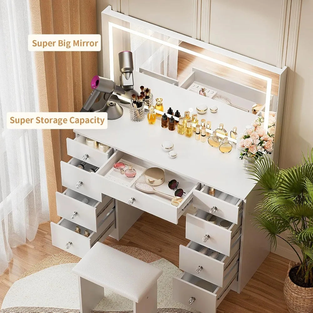 Illuminated Vanity Desk with Power Outlet, 9 drawers, 3-Color Light Modes, Adjustable Brightness, 43" tabletop