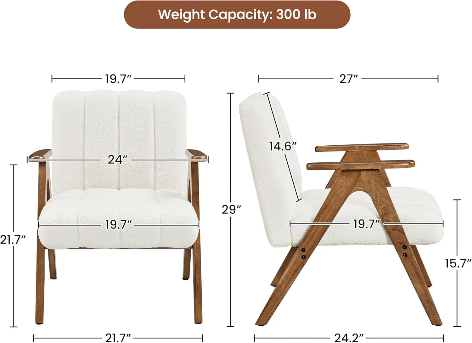 Boucle Fabric Mid Century Accent Chair Set of 2, with Solid Wood Legs