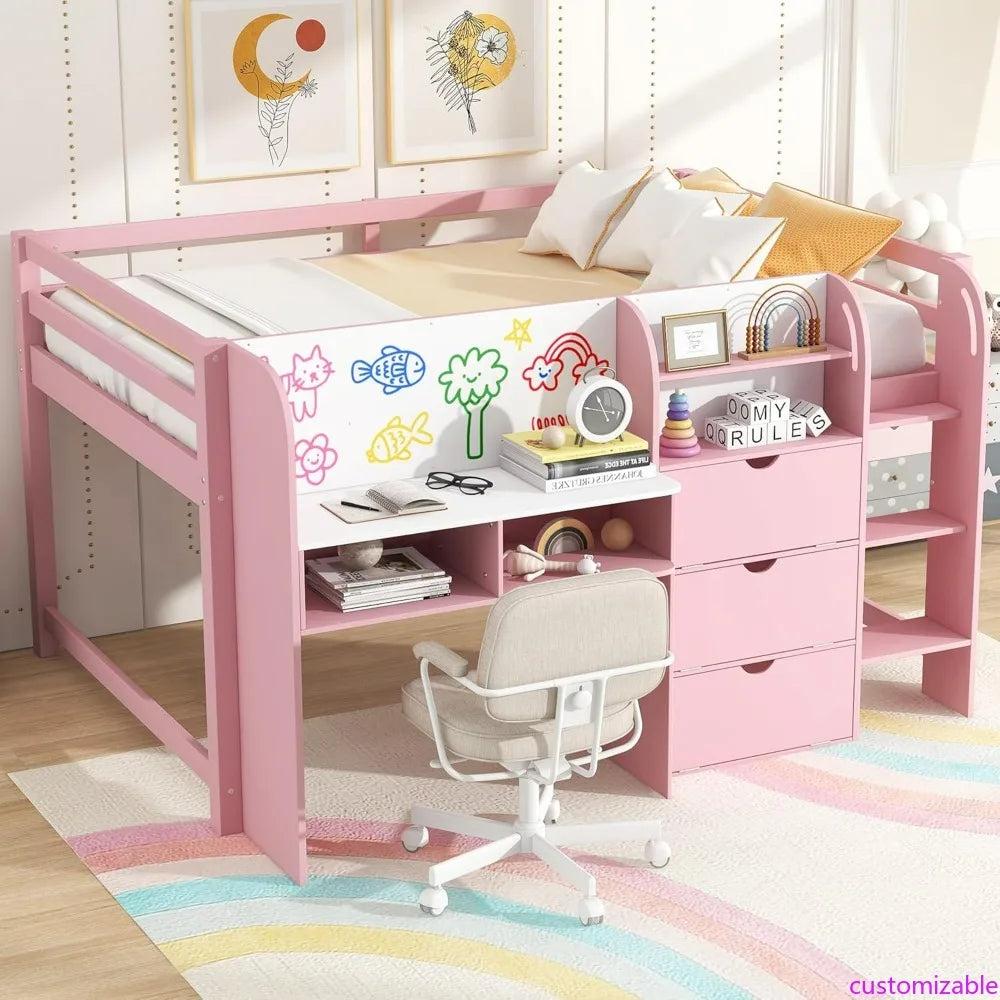 Modern Farmhouse Style Kids Full Size Low Loft Bed with Desk, Storage, and Bookcase