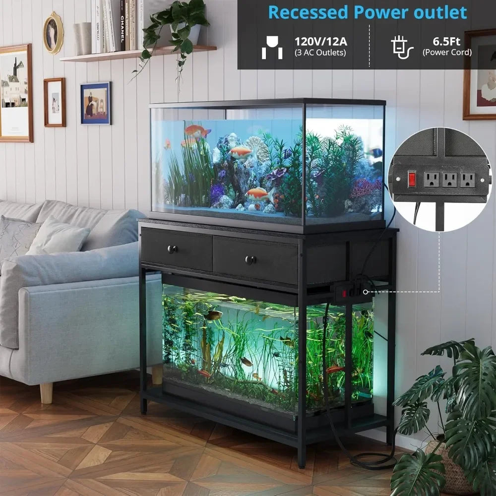 Customizable 40 Gallon Aquarium Stand with Power Outlet, Metal Frame Fish Tank Stand with Cabinet Storage, Double Turtle Reptile