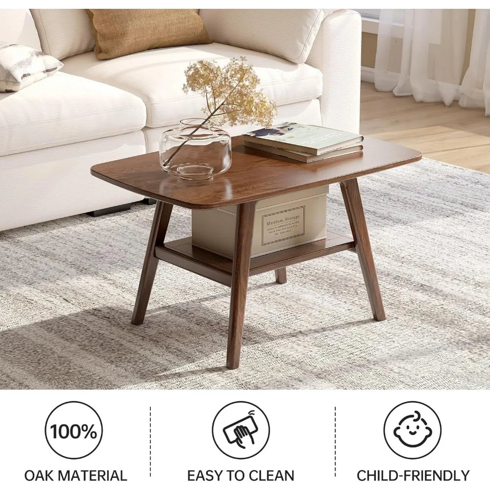 100% Solid Oak Wood Coffee Table for Living Room, 2-Tier Small Table with Storage Shelf, Mid Century Modern Coffee Tables (Walnut)