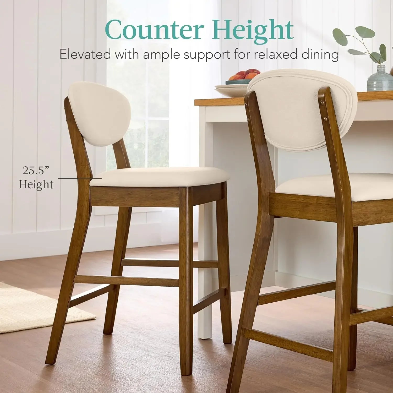 Bar Stool Set of 2, Mid-Century Modern Upholstered Wood, Armless Counter Height w/Seat Cushion, Backrest - Walnut/Cream