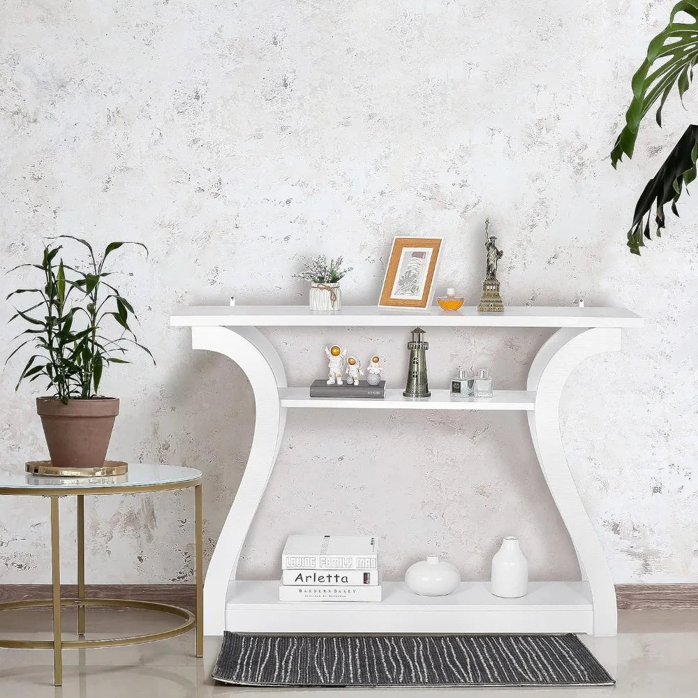 Wood Console Table for Entryway, 3 Tier Sofa Table with Curved Frame and 2 Open Storage Shelves, Narrow Table for Hallways