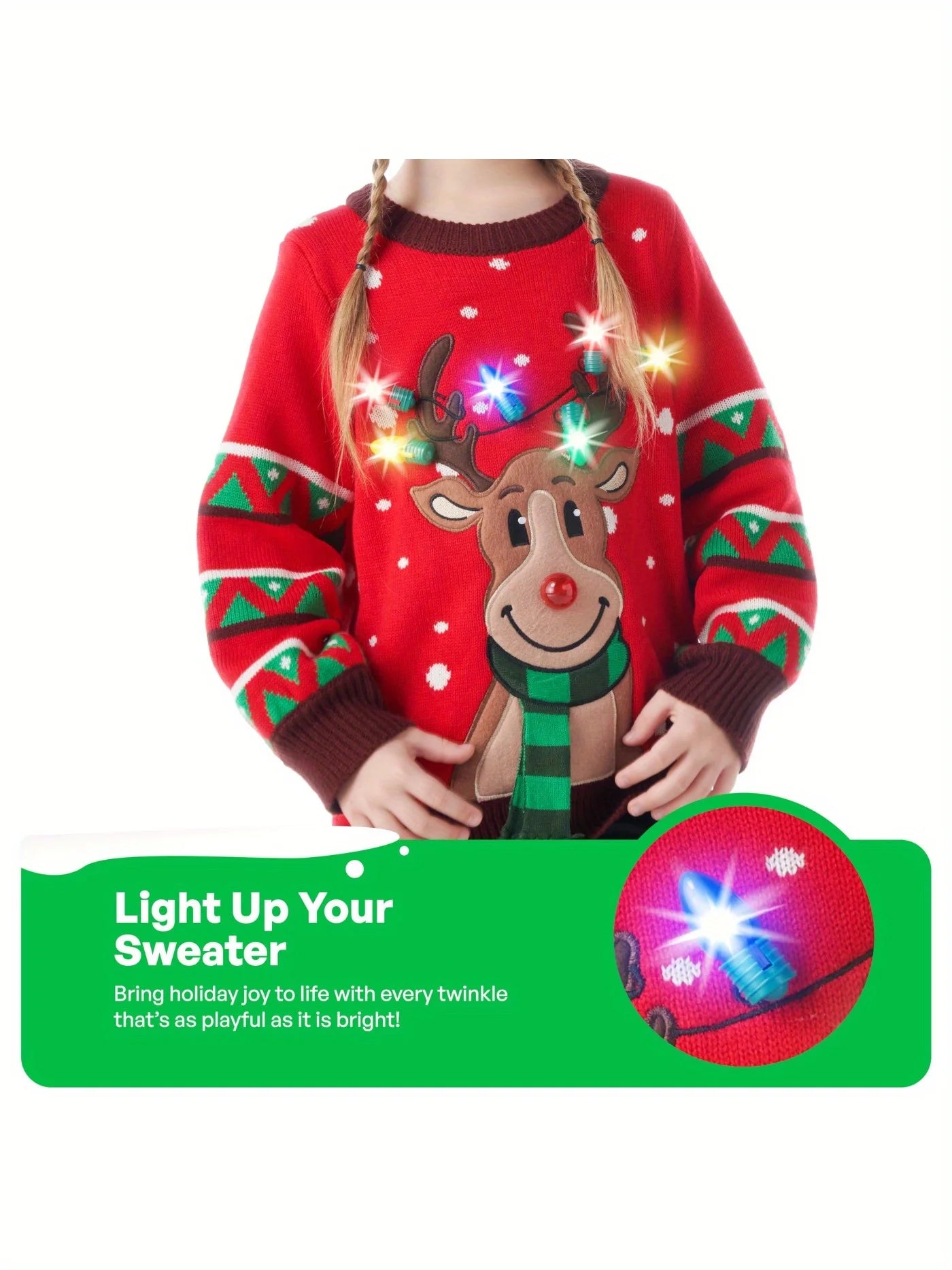 Kid's Christmas Ugly Sweater LED Light Up Reindeer Xmas Sweater Built-in Light Bulbs for Boys Girls (Red, Medium)
