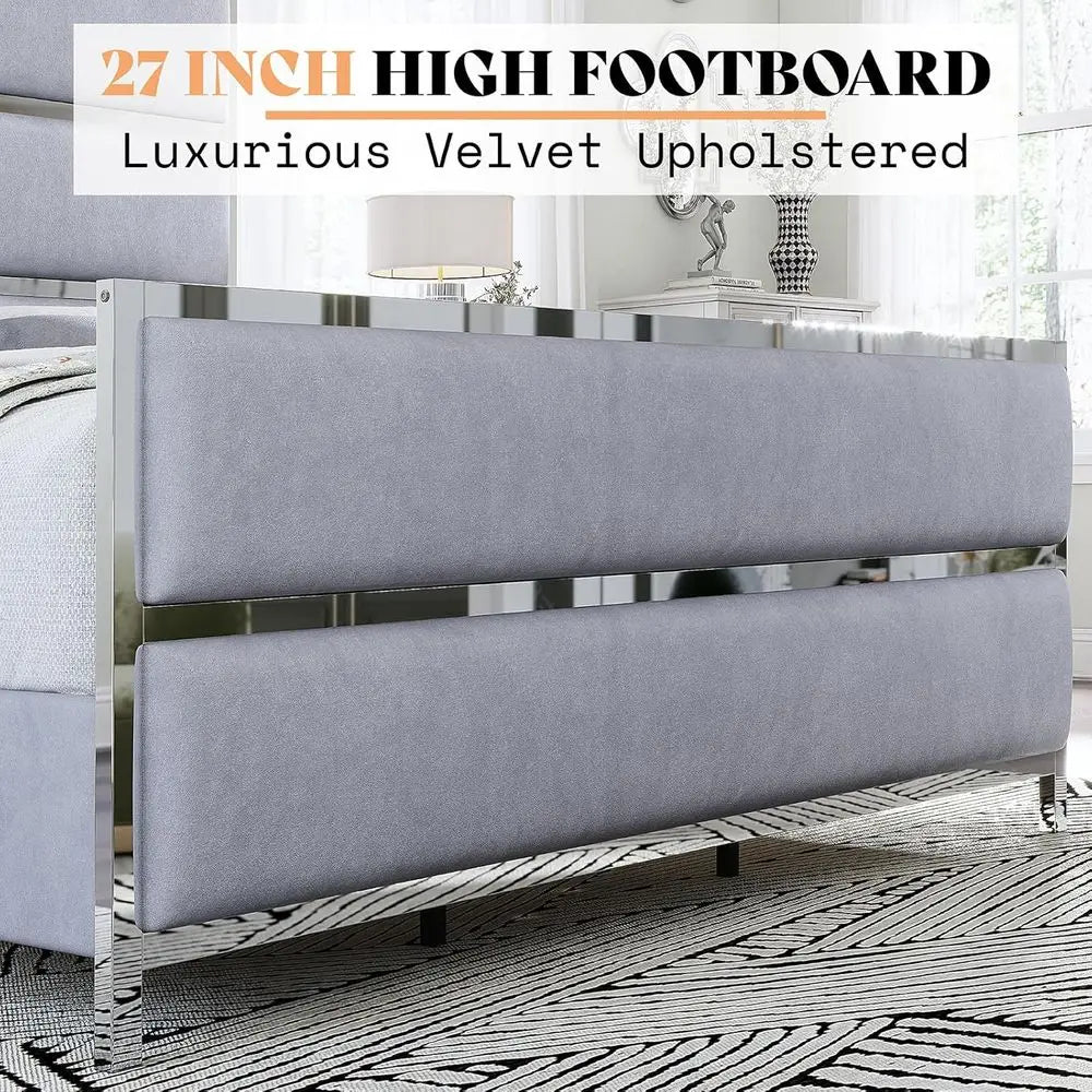 King-Size Velvet Bed Frame with Silver Trim, Channel Tufted Platform Bed, No Box Spring Needed