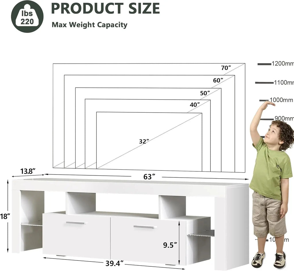 Modern LED 63" Long TV Stand With Large Storage Drawer For 50 55 60 65 70 75" TVs, White Wood TV Console