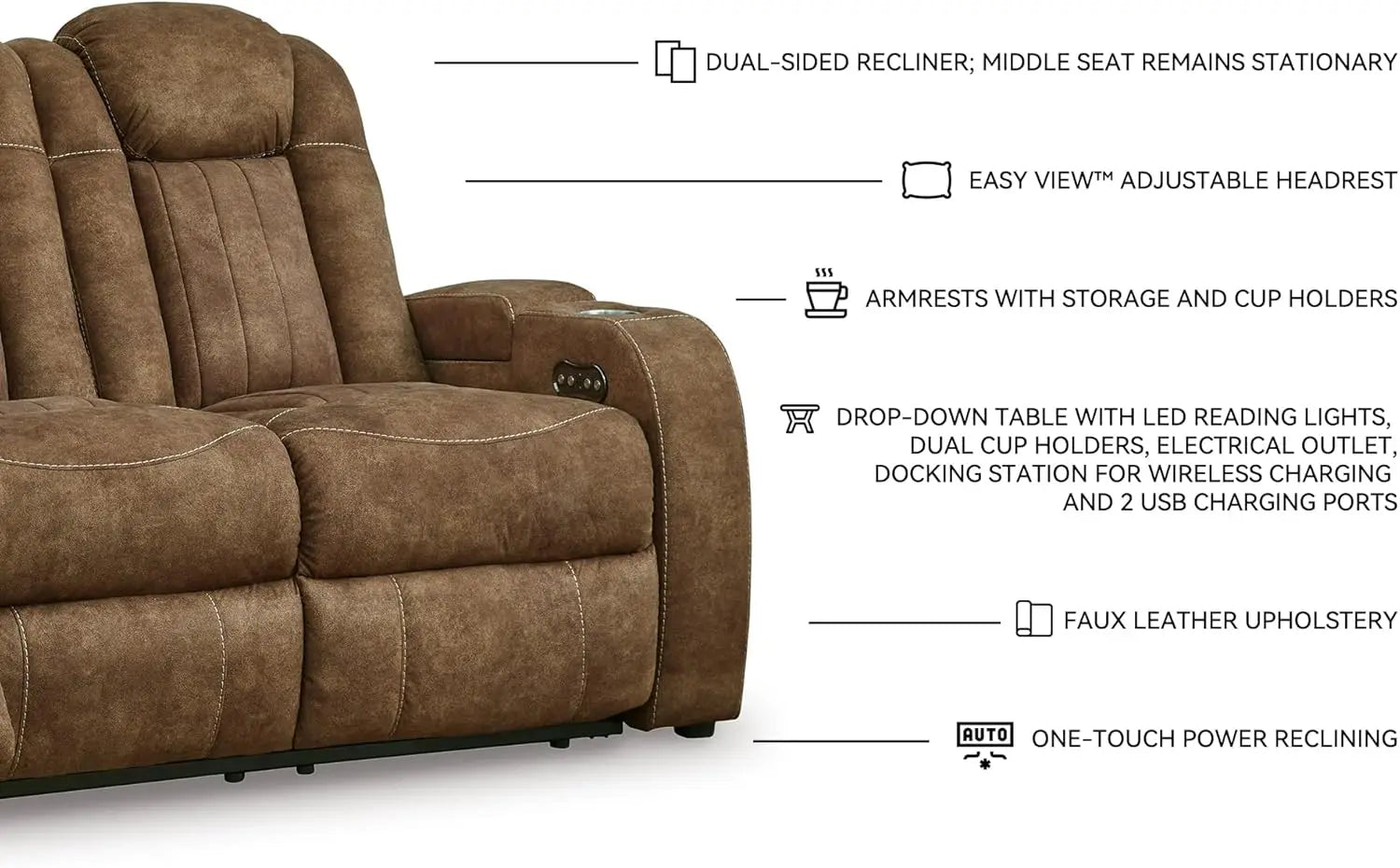 Contemporary Faux Leather Power Reclining Sofa with Drop Down Table, LED Lights, Electrical Outlet, Wireless Charging