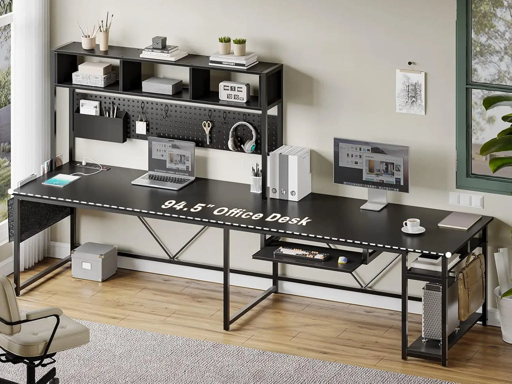 L Shaped Gaming Desk with LED Lights, Power Outlet & Storage - Reversible Corner Computer Desk for Home Office
