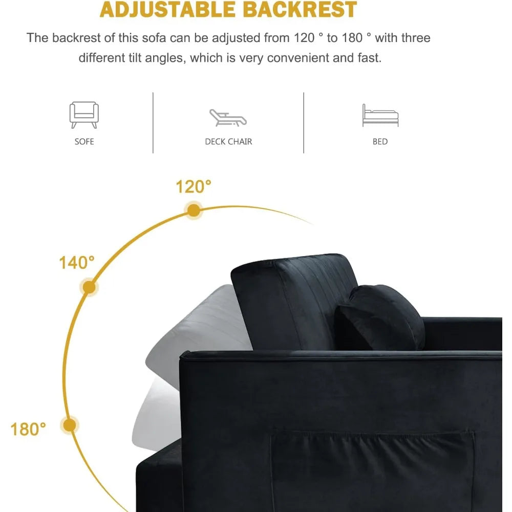 Small Loveseat Sleeper Sofa Bed Velvet Pull Out Couch Bed with Adjustable Backrest and Side Pockets for Living Room, Bedroom