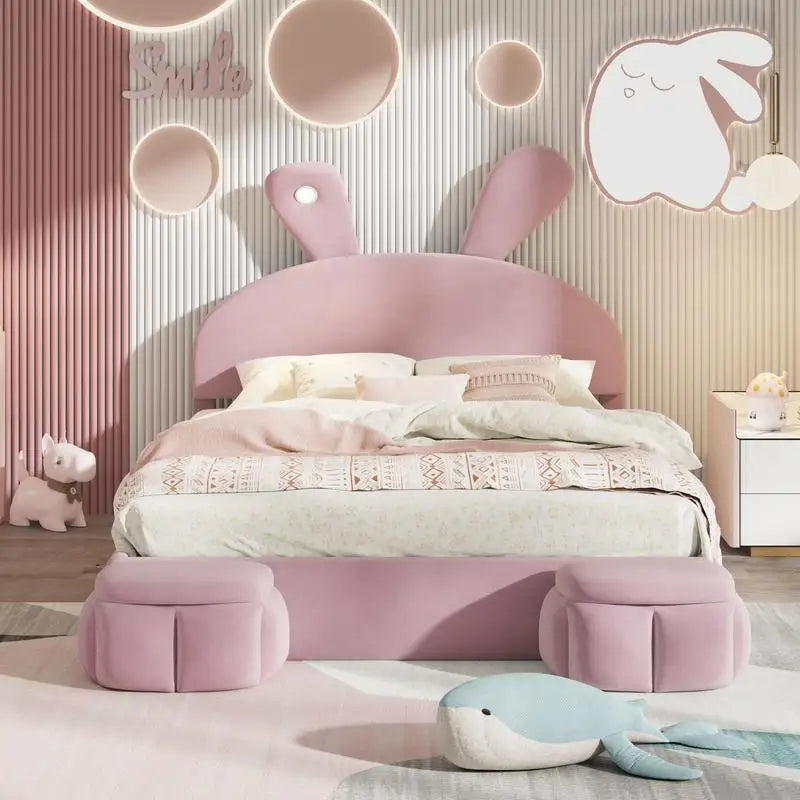 Full Size Upholstered Platform Bed with Cartoon Ear Headboard and Light, Pink Color