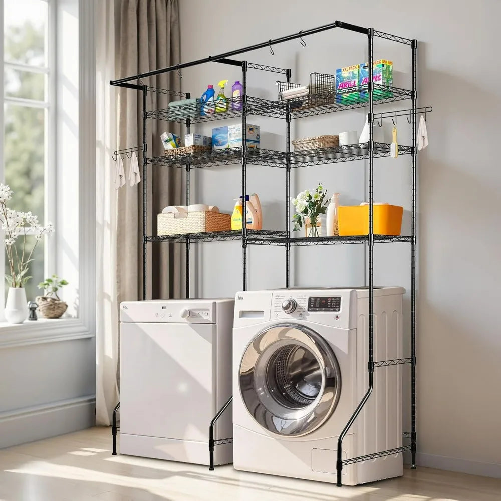 6-Tier Laundry Room Drying Rack with Hanger Bar and Hooks, Adjustable Over Washer and Dryer Storage Shelf