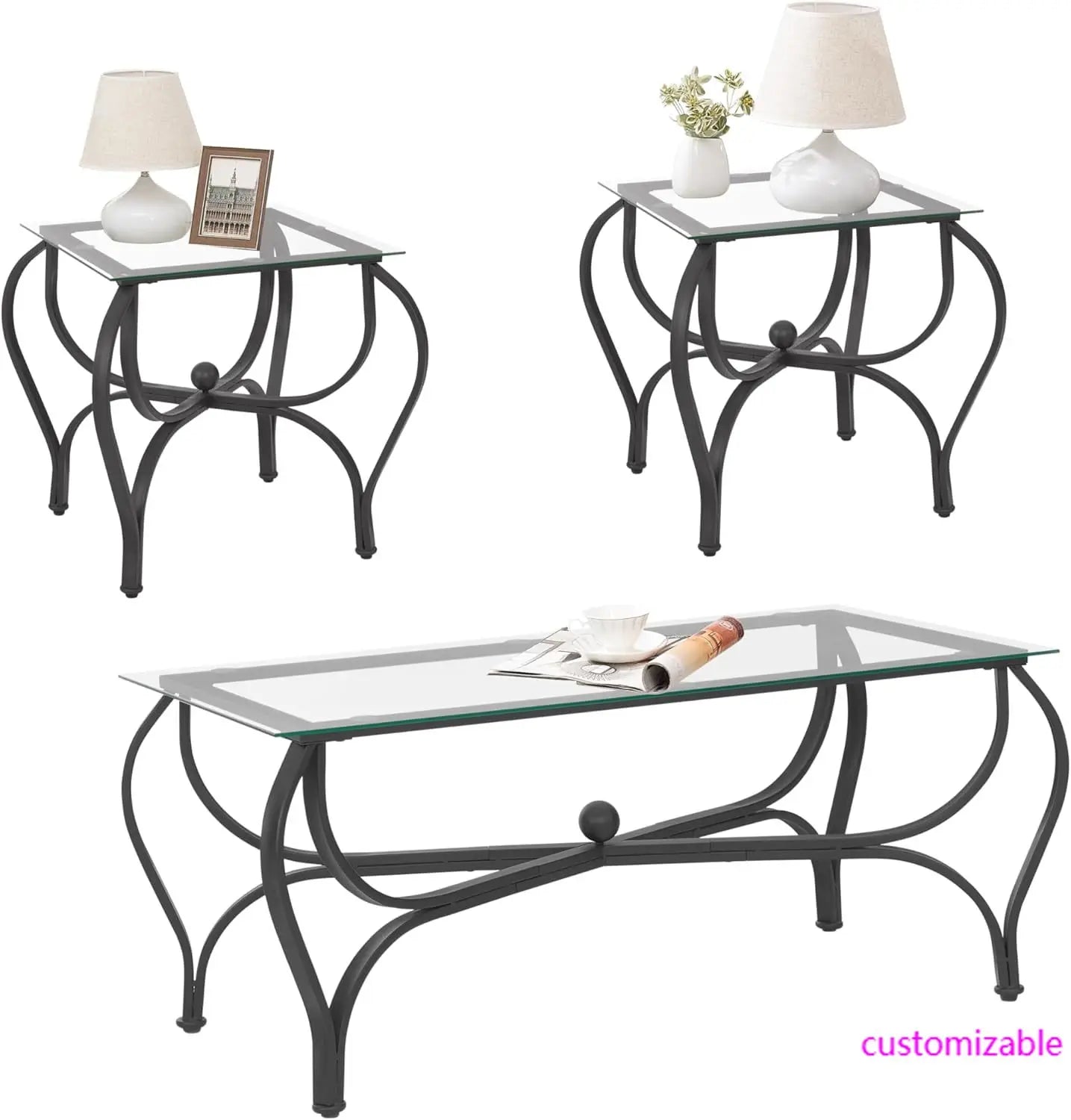 3-Piece Coffee Table Set, Tempered Glass Surface Living Room Sets, Coffee Table & 2 End Side Table, Metal Frame