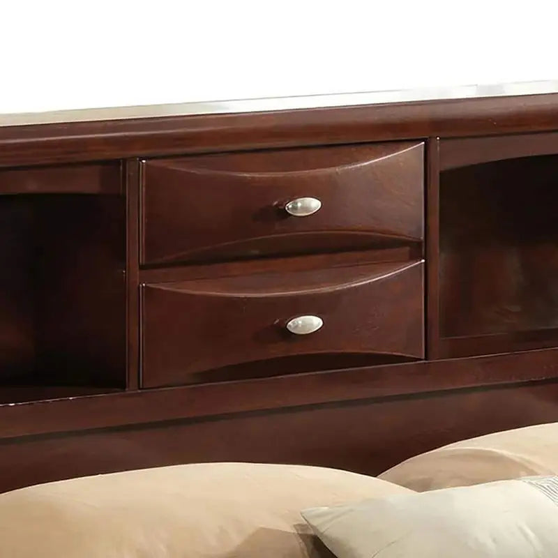 Contemporary King Size Bed with Footboard Drawers & Headboard Bookcase in Cherry Finish