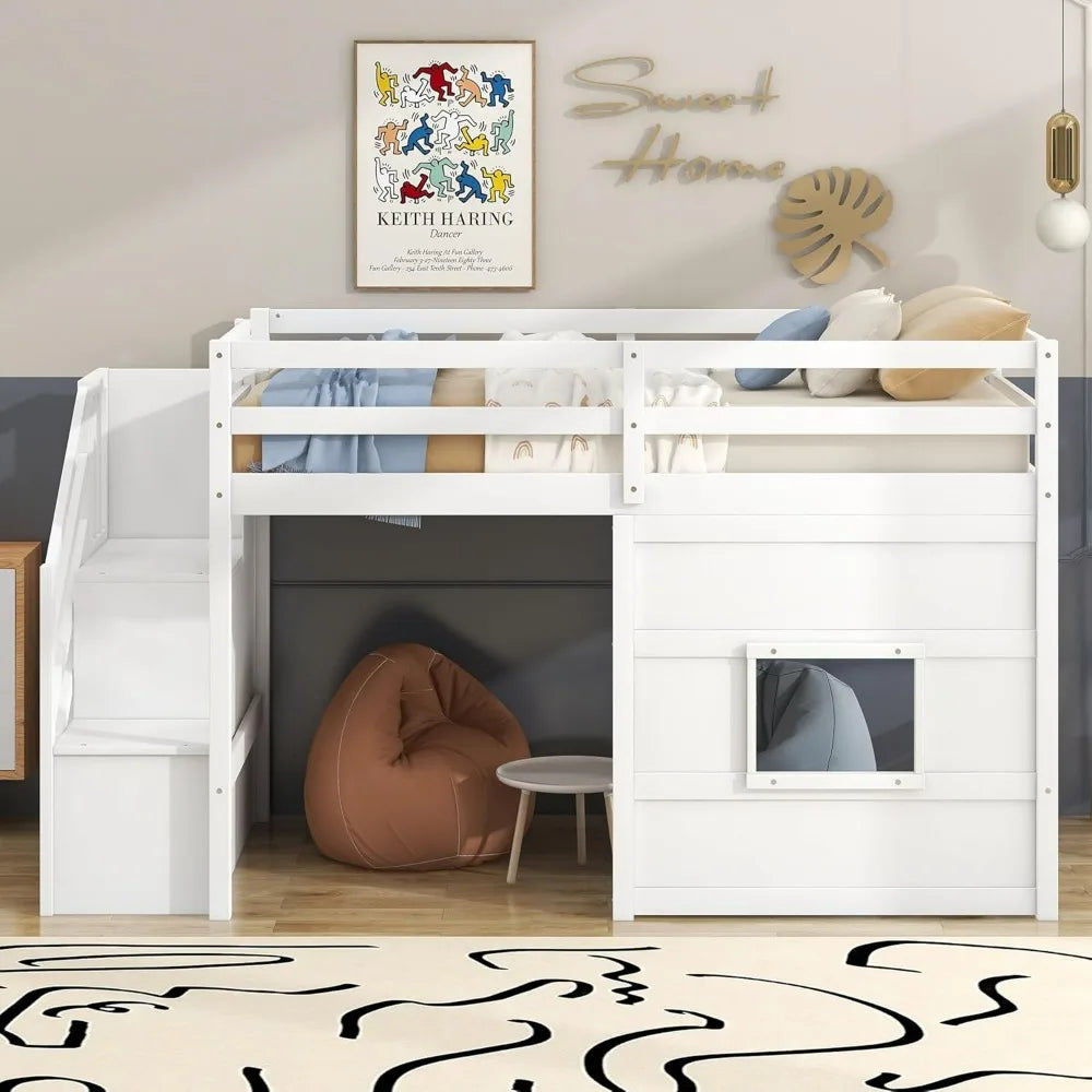 Twin-Size Loft Bed with Storage, Steps, and Spacious Underbed Area for Teens and Children, Solid Wood Construction, Full-Size