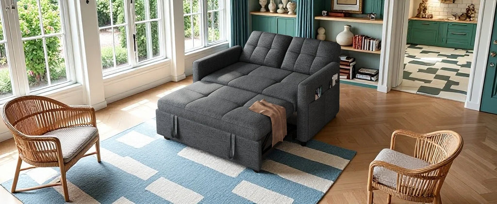3-in-1 Sleeper Sofa with Pull-Out Bed, Linen Futon Couch with Adjustable Backrest and Side Pocket