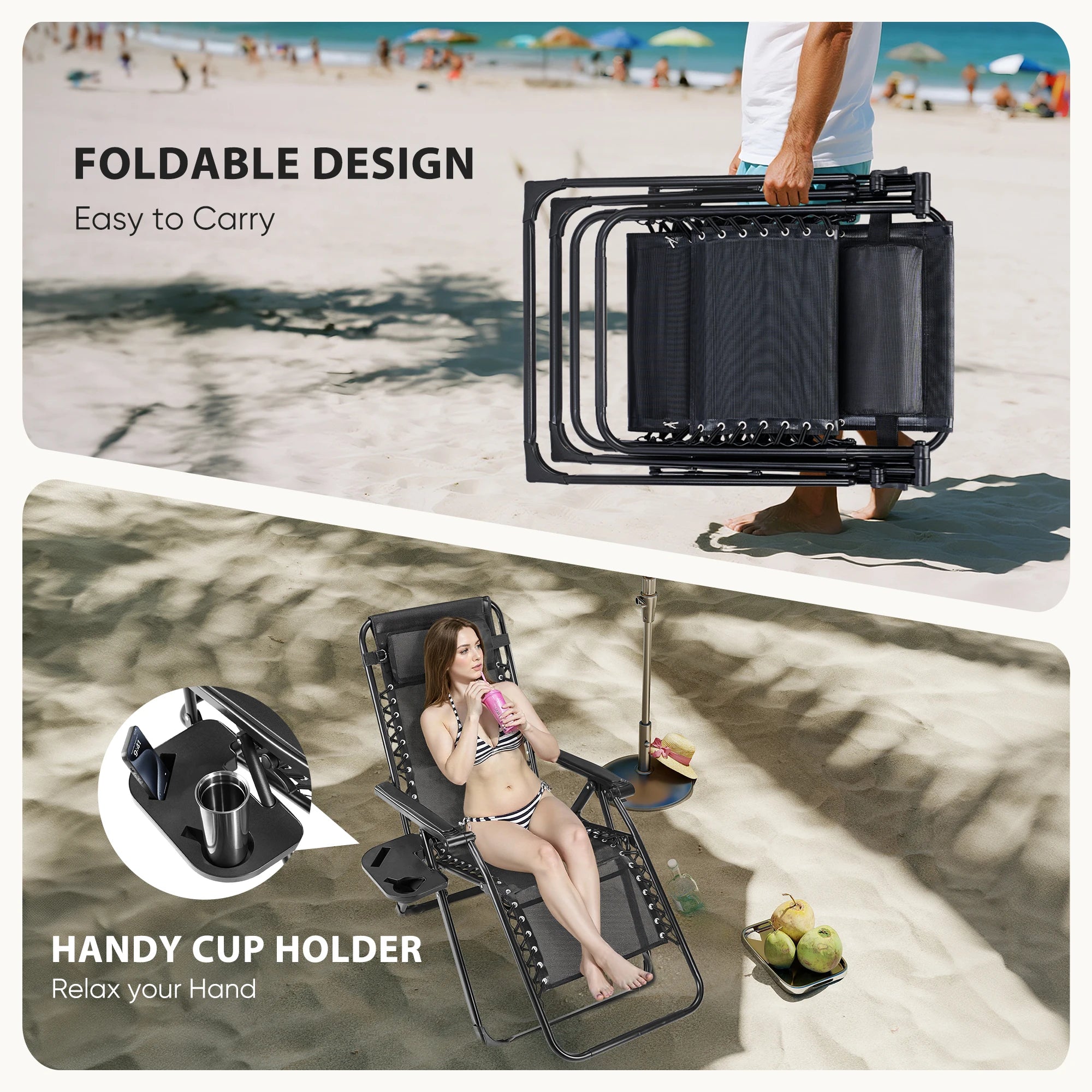 Zero Gravity Recliner/ Camping/ Patio Lounge Chair/ Folding/ Portable with Cup Holder Trays Removable Cushion For Outdoor Garden